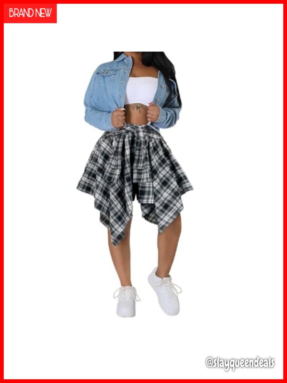 RAMOUG Plaid Mini Skirt Asymmetrical Hem High Waist Knot Front
